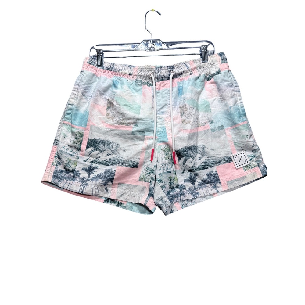American Eagle Swim Shorts Mens Medium Multi Color Tropical Wave Print Pockets